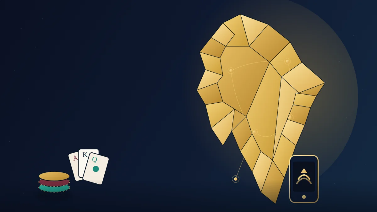 Stylised low-poly illustration of the African continent in gold, linked by glowing payment hubs, with a casino chip stack, playing cards and a mobile-money phone in the foreground