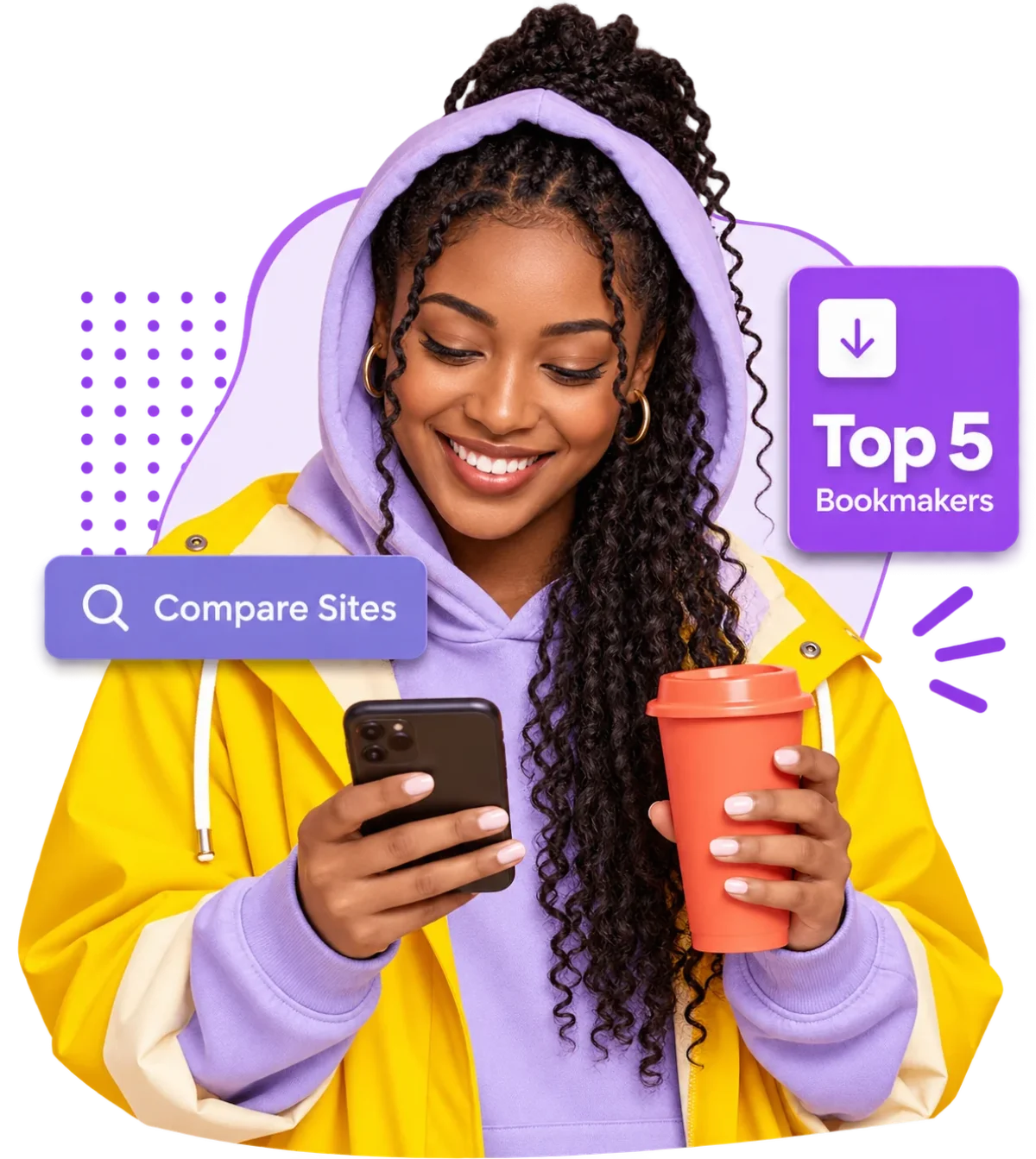 Smiling woman in a yellow hoodie checking the top 5 bookmakers on her phone