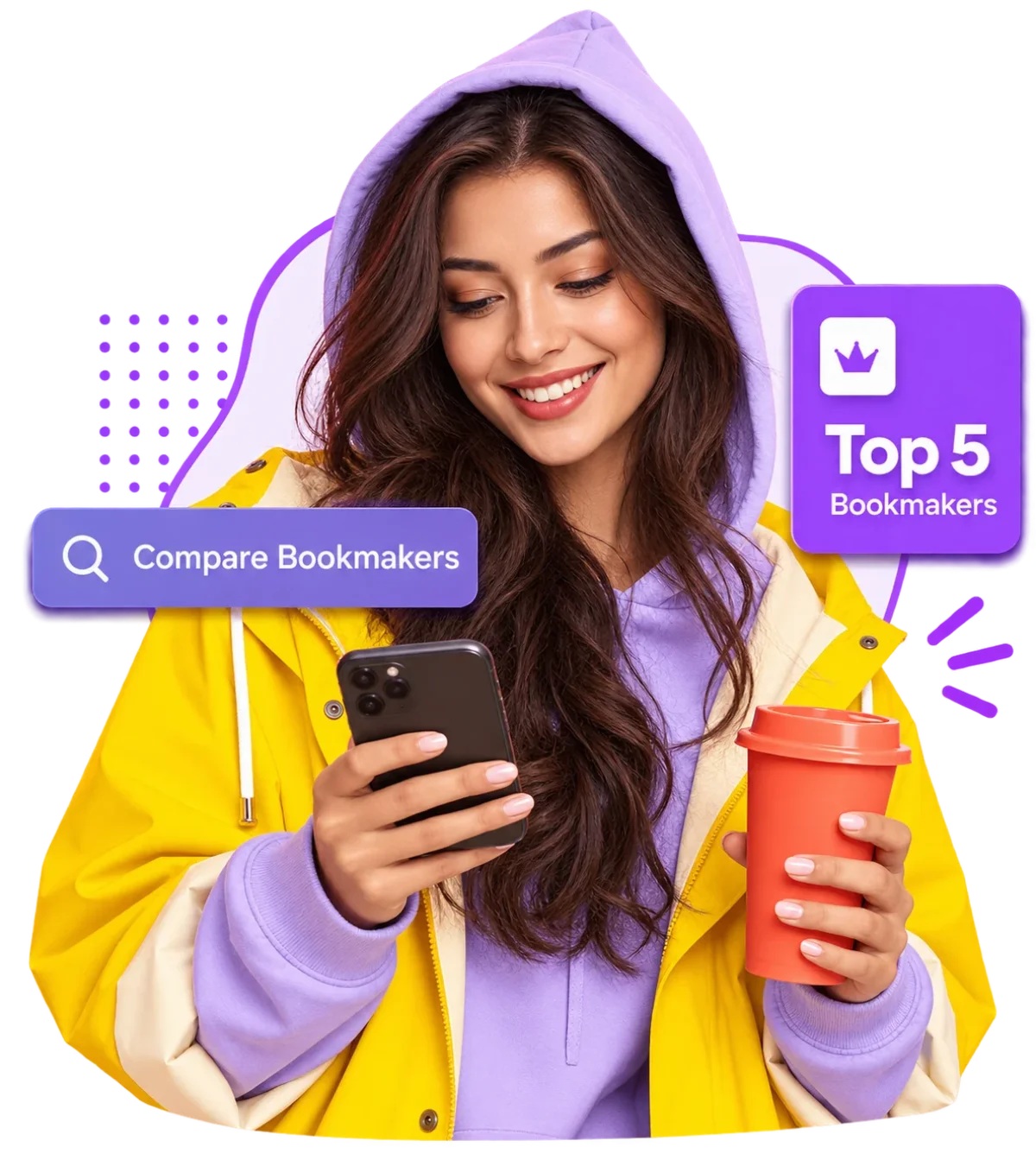 Smiling young woman in a yellow jacket checking betting sites on her phone, with Compare Bookmakers and Top 5 Bookmakers badges